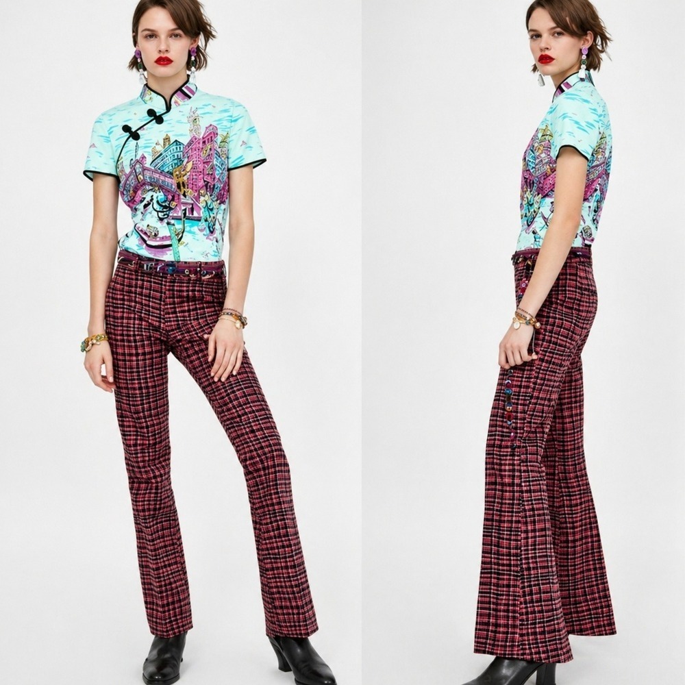ZARA NEW Studio Pink Plaid Check Ultra Flare Bell Bottom Pants SZ Large Y2K Punk